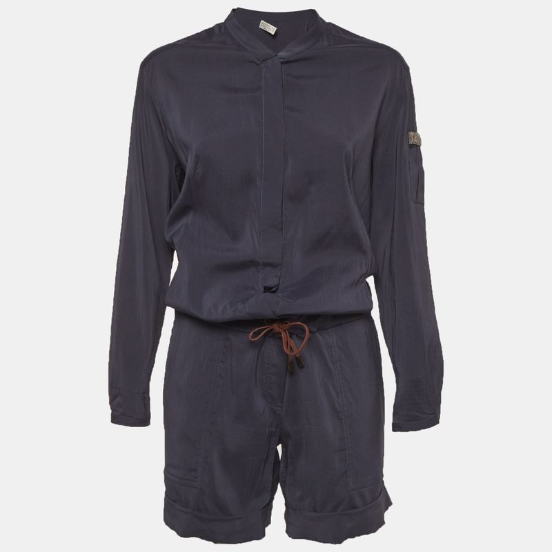 Brunello Cucinelli Navy Blue Silk Blend Monili Detail Romper M